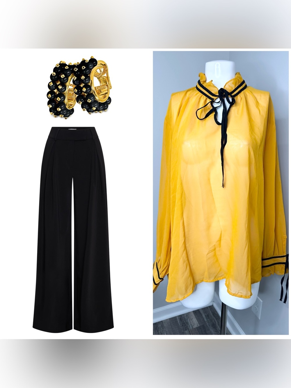 Rouge! Yellow black Chiffon Tie-Neck Blouse with Black Trim- 2X